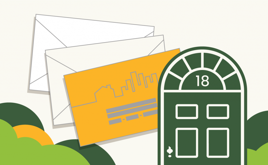 Left Main REI logo beside real estate-themed envelopes representing direct mail feature