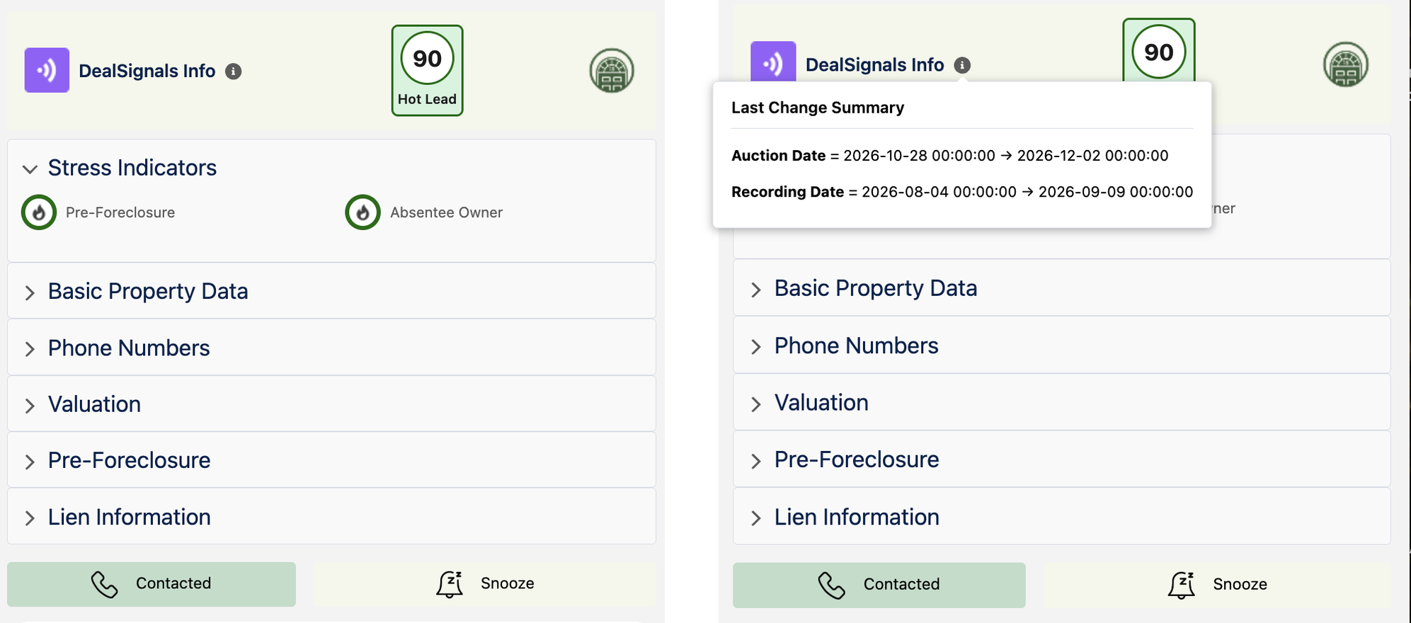 The DealSignals panel on a lead (demo record): an intent score of 90 flagged Hot Lead, its stress indicators, and the Last Change Summary showing what changed and when