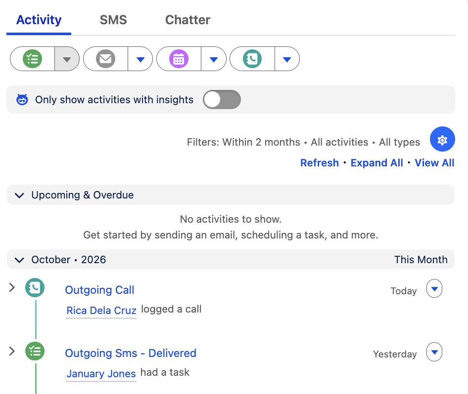 Left Main REI lead record activity timeline showing an outgoing call and a delivered outgoing SMS logged on the lead, with Activity, SMS and Chatter tabs